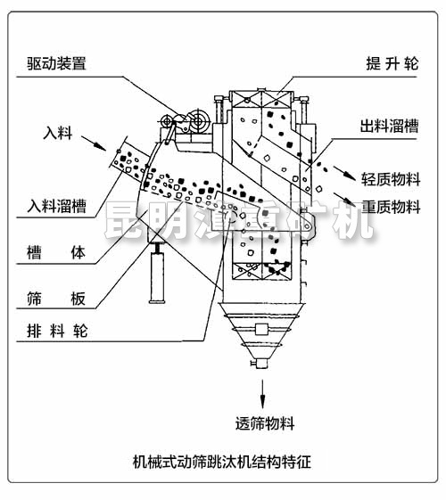 機(jī)械式動篩跳汰機(jī)的內(nèi)部結(jié)構(gòu)特征示意圖